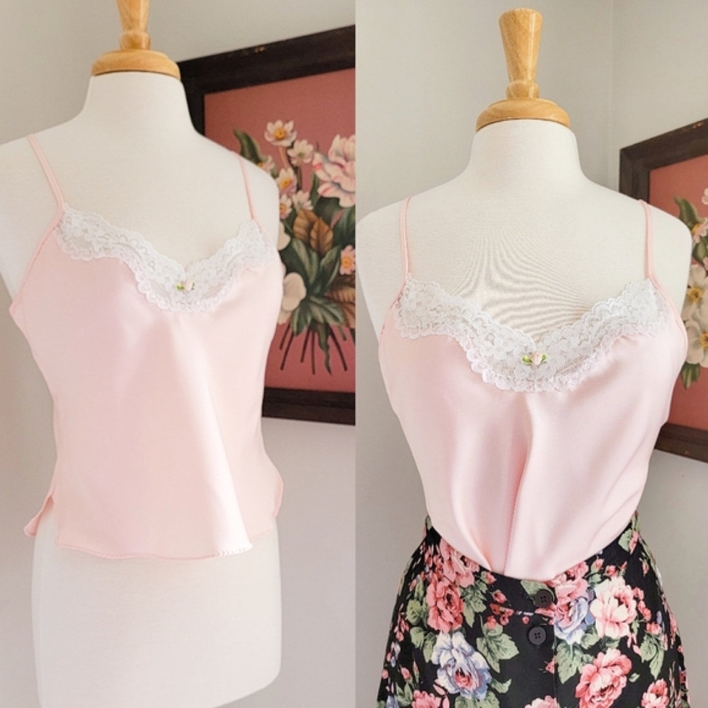 70s Pink Floral Lace Satin 1970s Vintage Rosette Cami Blouse / Top / Lingerie